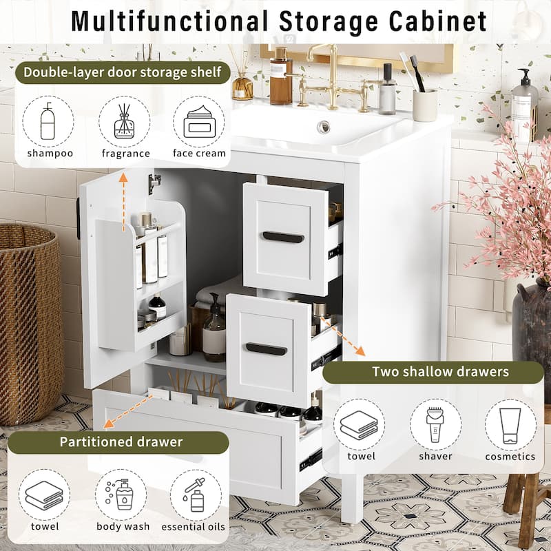 Solid Wood Frame Bathroom Vanity Cabinet with Ceramic Sink, Space-Saving 24-Inch Vanity - White - 24 Inch