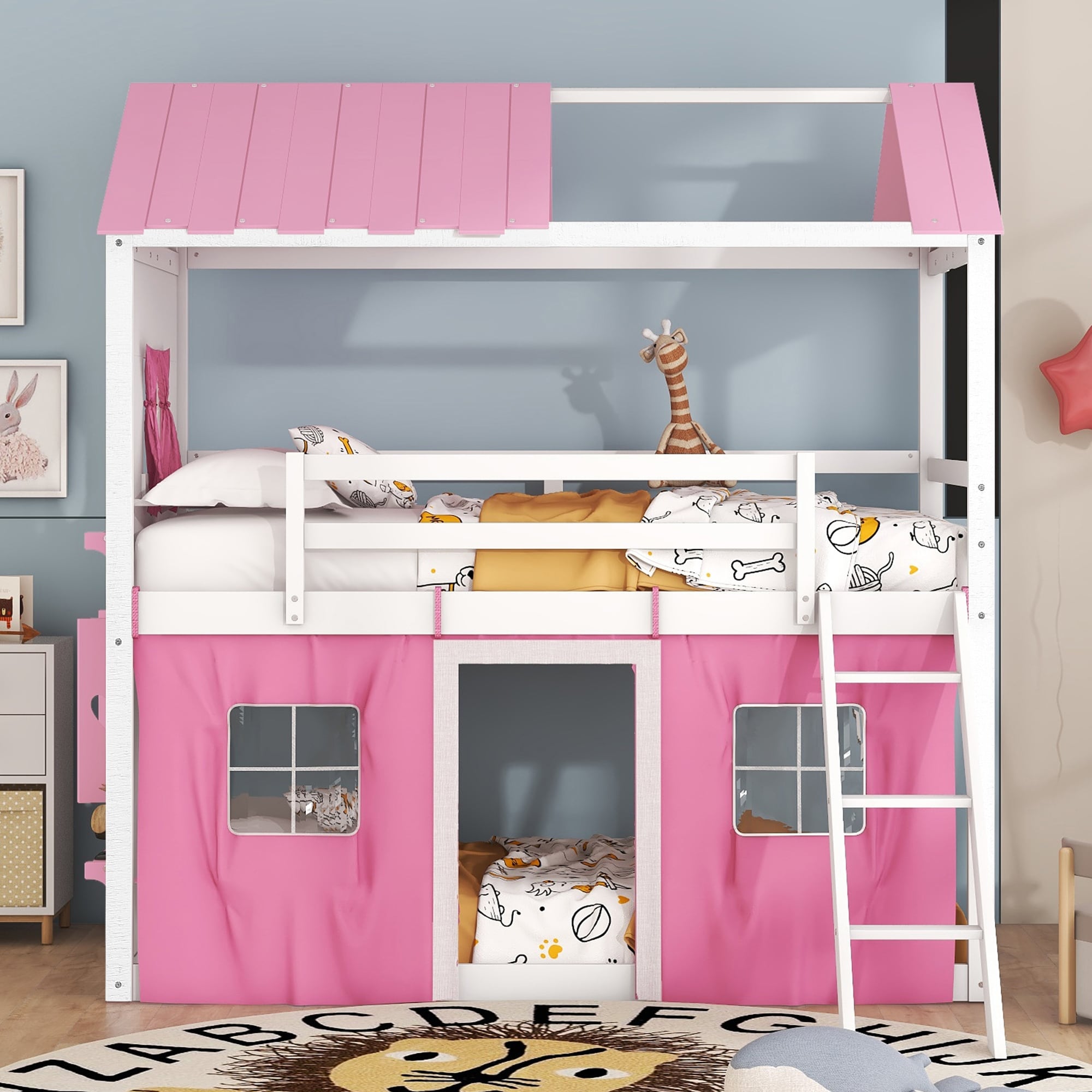 House Bed with Windows Sills and Tent Twin over Twin Loft Bed Kids Bunk Bed No Box Spring Needed for Bedroom Pink Bed Bath Beyond 39988430