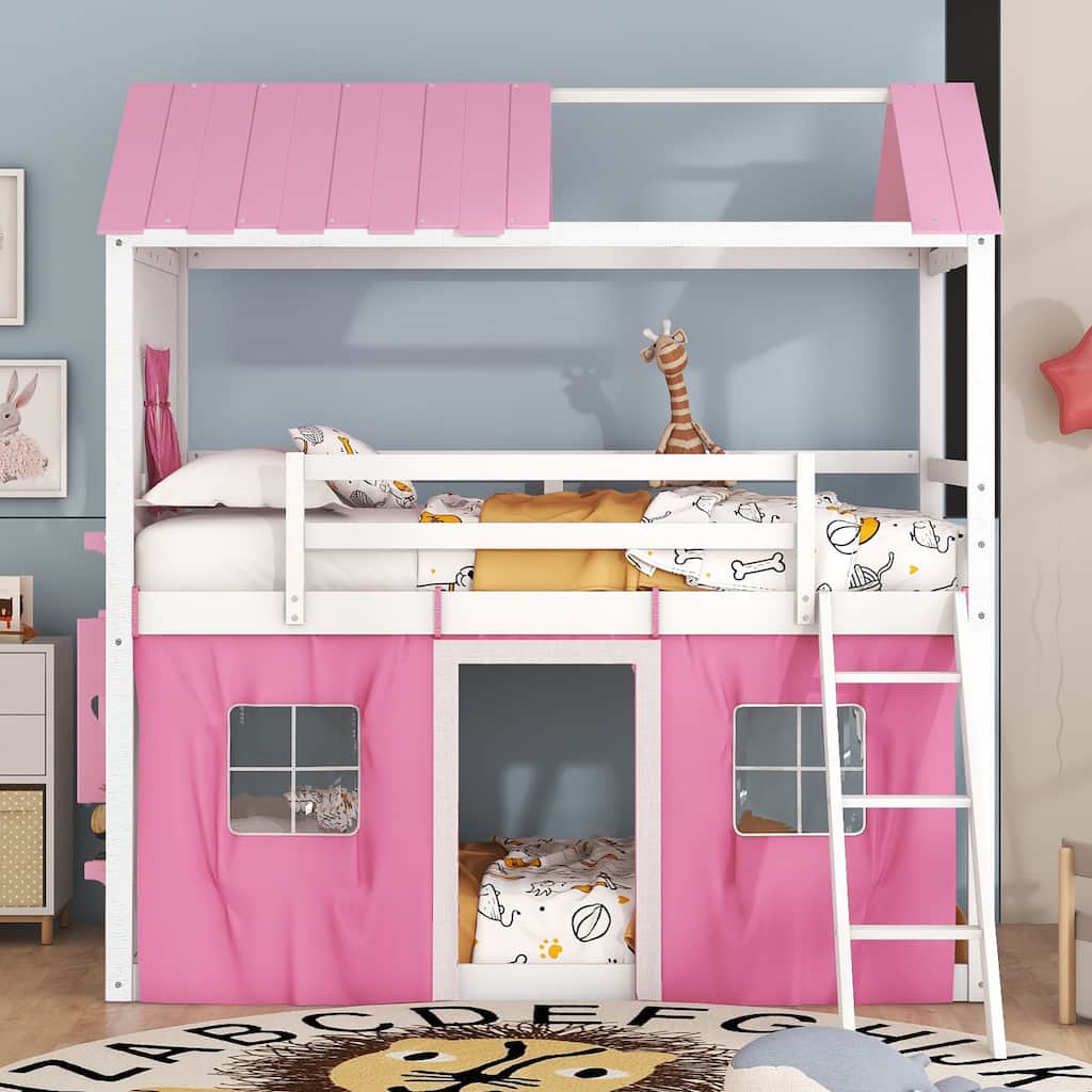 Twin Size Playhouse Bunk Bed with Slide, Castle-style Roof and Windows