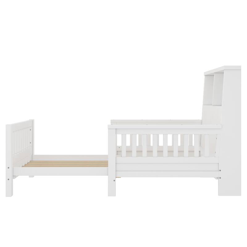 Pull Out Twin Size Platform Bed Converted into Baby Crib and Sofa with Storage Headboard and Removable Footboard