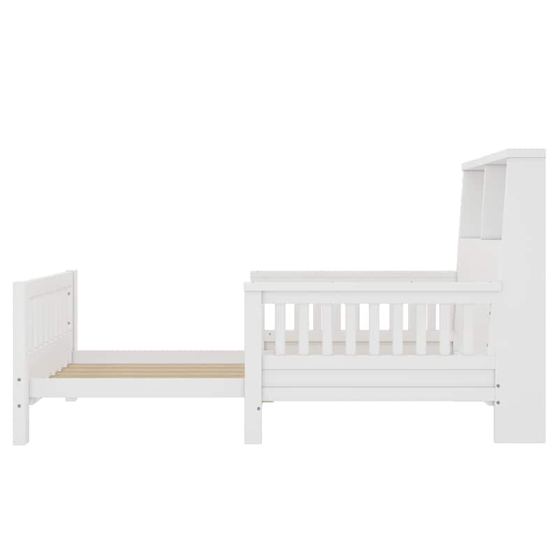 Twin Size Platform Bed with Storage Headboard, Pull-Out Design, High-Quality Safety Rails, White