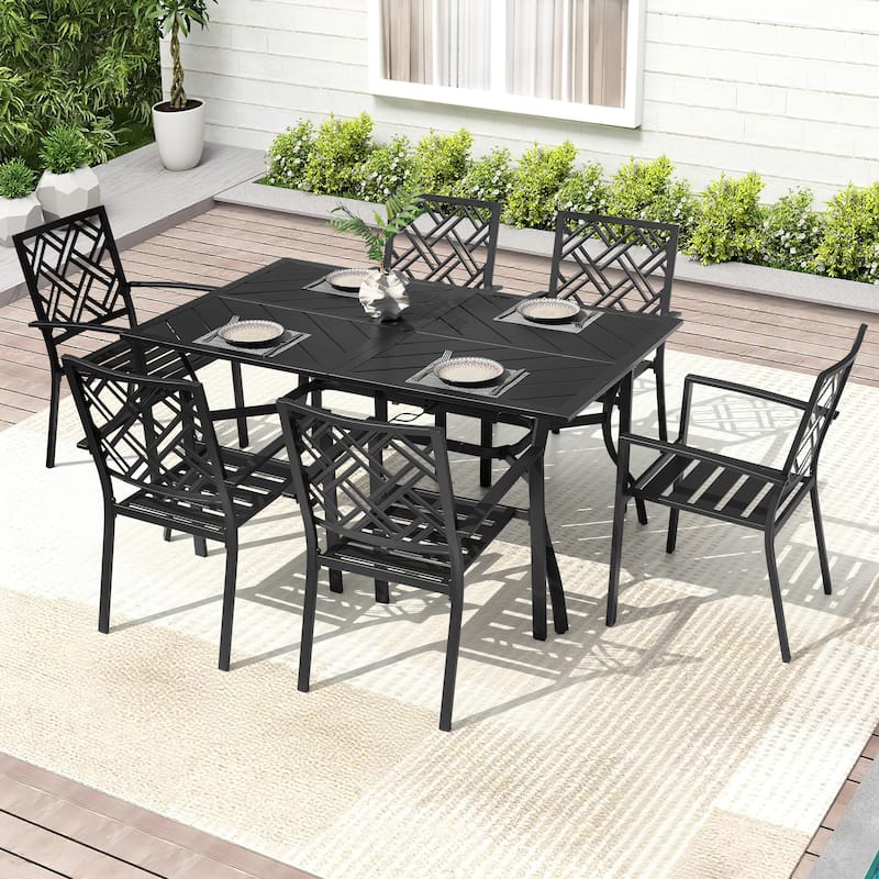 7PCS Metal Rectangle Patio Dining Set with Umbrella Hole, Stackable Design