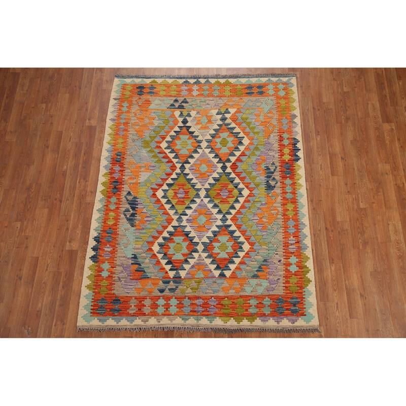 Hand Woven Oriental 100% Wool Carpet Southwestern Geometric Multi-Colored Kilim Area Rug - 6' 5'' X 4' 11''