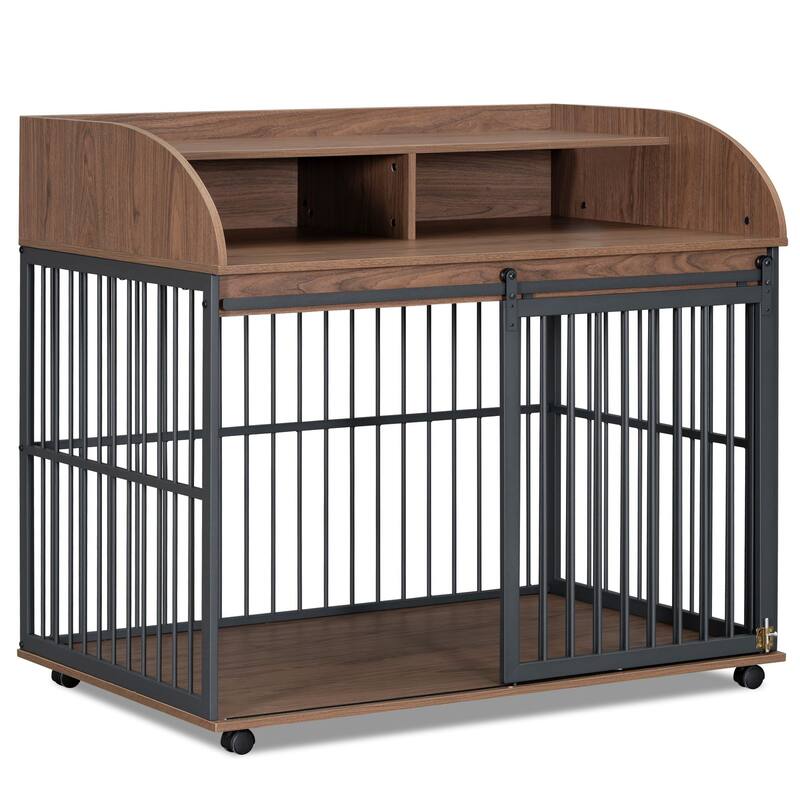 44" Heavy Duty Dog Crate Furniture with Lockable Wheels, Storage & Sliding Door for Medium to Large Dogs