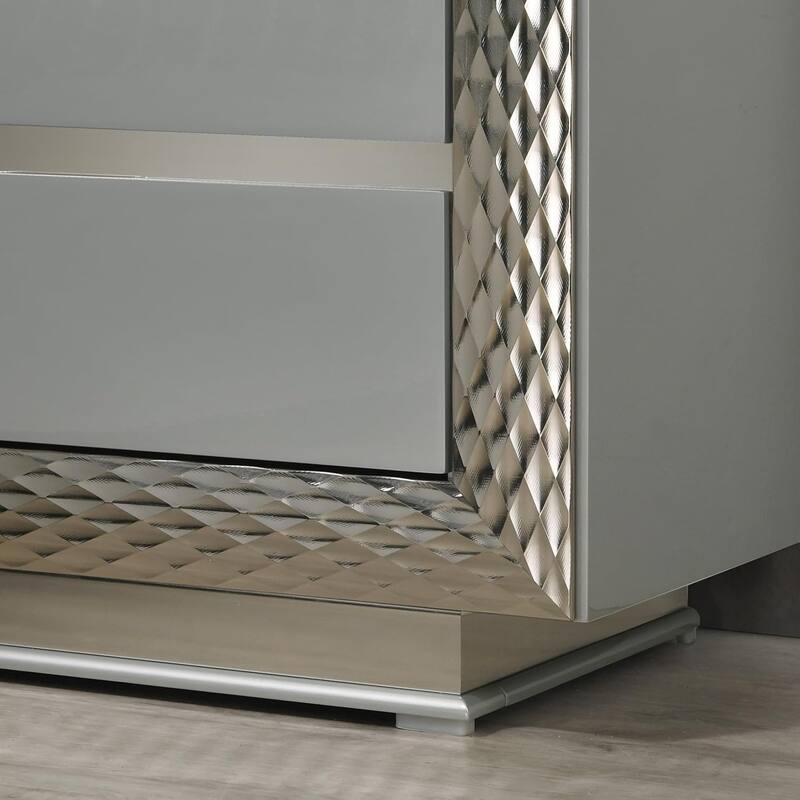 Glam Nightstand - Gray Finish with Plinth Base & Silver Molding