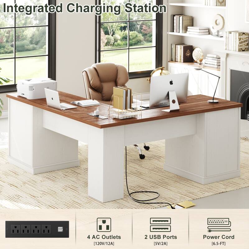 French Country L Shaped Desk with Charging Station, Office Computer Table with File Cabinet