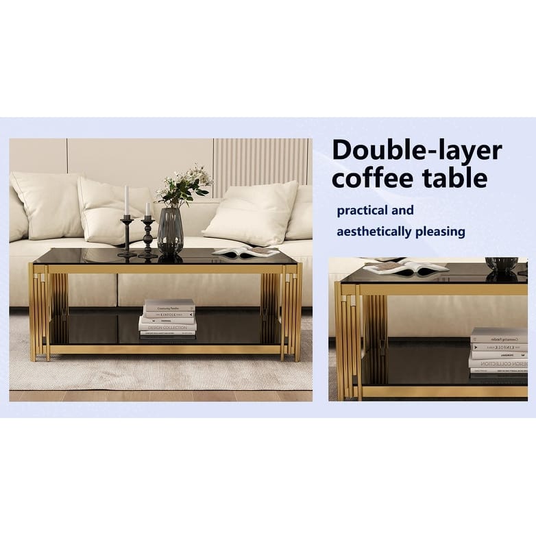 47 '' Rectangular 2 Layer Coffee Table, Modern Living Room Table with Tempered Glass Tabletop and Stainless Steel Metal Legs