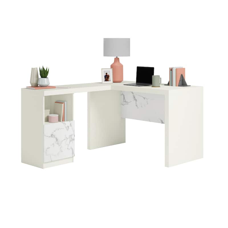 Wood L-Shaped Desk with File Drawer, White