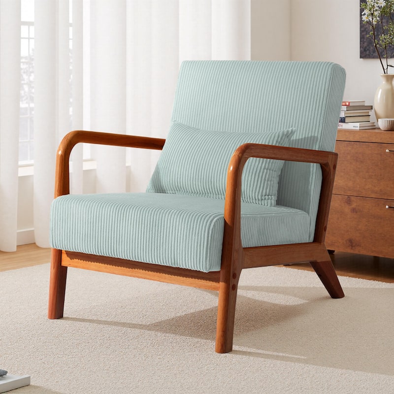 25" W Mid Century Upholstered Wood Accent Chair with Pillow - Dark Wood - Light Blue