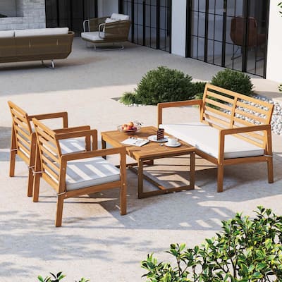 Costway 4 PCS Wood Patio Furniture Set with Soft Seat Cushions Solid - See Details