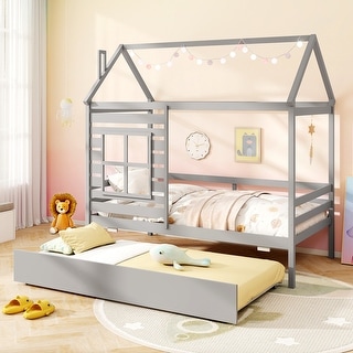 Twin House Bed Frame with Trundle Wooden Platform for Kids Bedroom