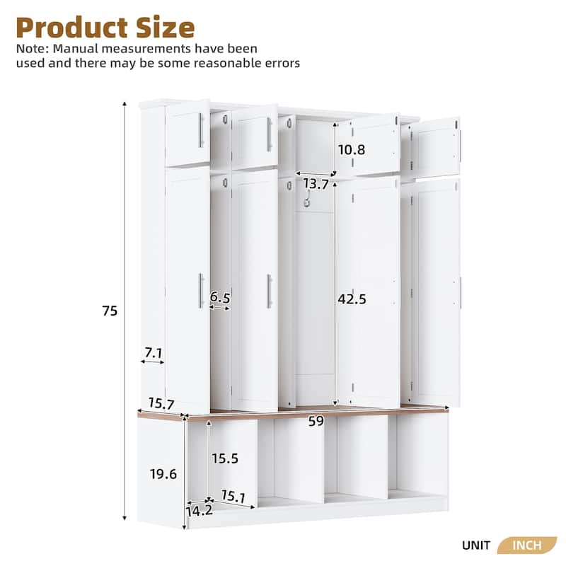 59"L Hall Tree with 4 Hidden Hanging Hooks,Seating Bench with 8 Doors