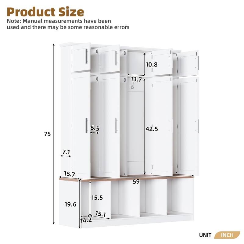 Roomfitters Farmhouse Hall Tree, 4 Hidden Hooks, Walnut Bench with 8 Doors, Entryway Shoe Cabinet