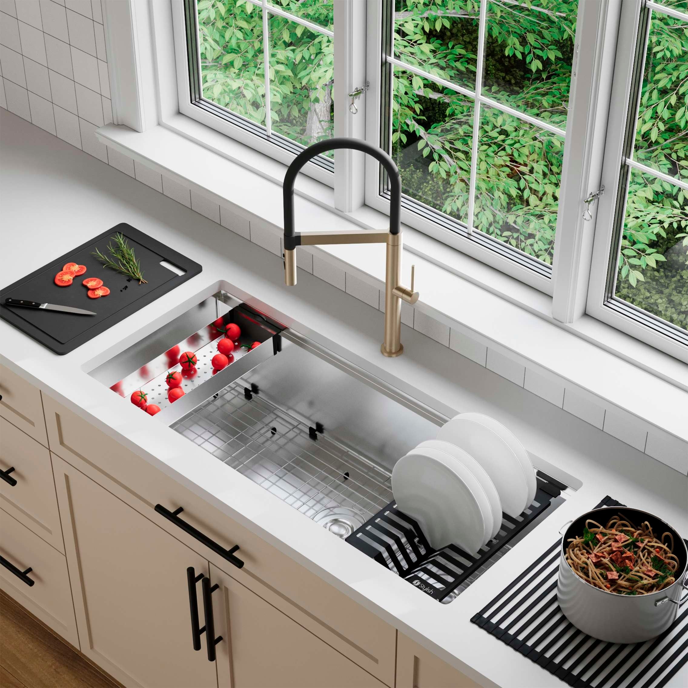 STYLISH 42 inch Stainless Steel 16G 70/30 Double Bowl Workstation Kitchen Sink - 42" x 19" x 10"