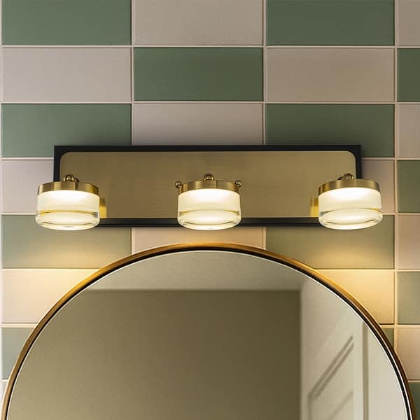 slide 2 of 17, Modern Square Black and Brass Integrated LED Wall Sconce with White Acrylic Shade Adjustable Head Bathroom Vanity Light W19''