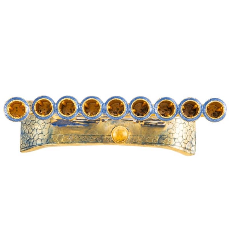 Matashi Hand Painted Blue Enamel Menorah Candelabra w/ Jerusalem City Design & Pomegranate Spinning Dreidel Ornament w/ Crystals