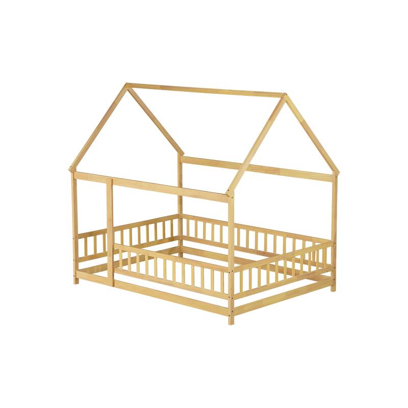 Full Size Wooden House Floor Bed with Roof Frame and Safety Guardrails, Natural Finish