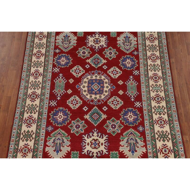 Red Geometric Kazak Oriental Area Rug Hand-Knotted Wool Carpet - 5'8" x 8'4"