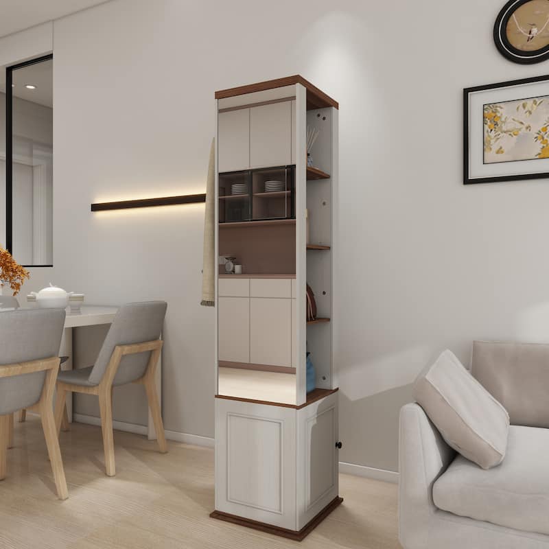 360°Rotating Storage Cabinet with Full-Length Mirror,total of 8 open shelves on both sides,One Side Hooks,1 Door with a Shelve