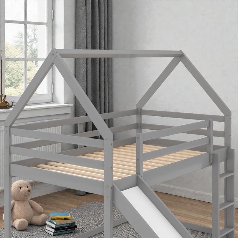 Twin House Bunk Bed with Slide and Ladder, Kids Wooden Bunk Bed Frame with Guardrails, Pine Wood and MDF