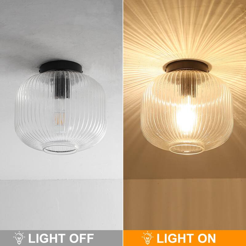 1-Light Mid-Century Modern Ribbed Glass Flush Mount Light