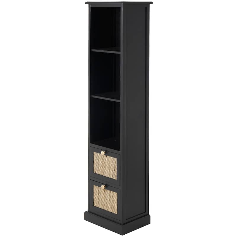 Black Wood 3 Shelves and 2 Drawers Cabinet with Rattan Front