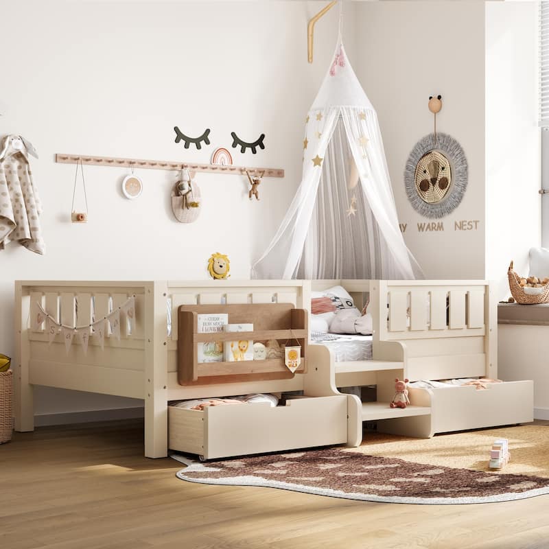 Full/Twin Loft Bed with Storage Drawers, Safety Staircase & Rails