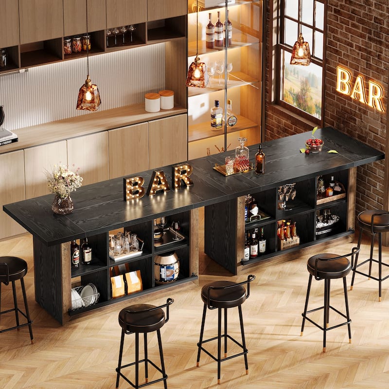 Counter Height Bar Table with Storage, Home Bar Cabinet Unit, Large Pub Table Kitchen Dining Room Accent Bar Console
