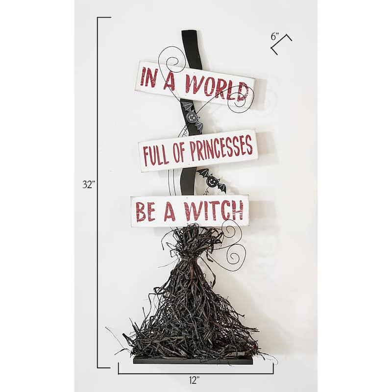 32" Floor Standing Halloween Witch Broom Humorous Wood Entry Sign