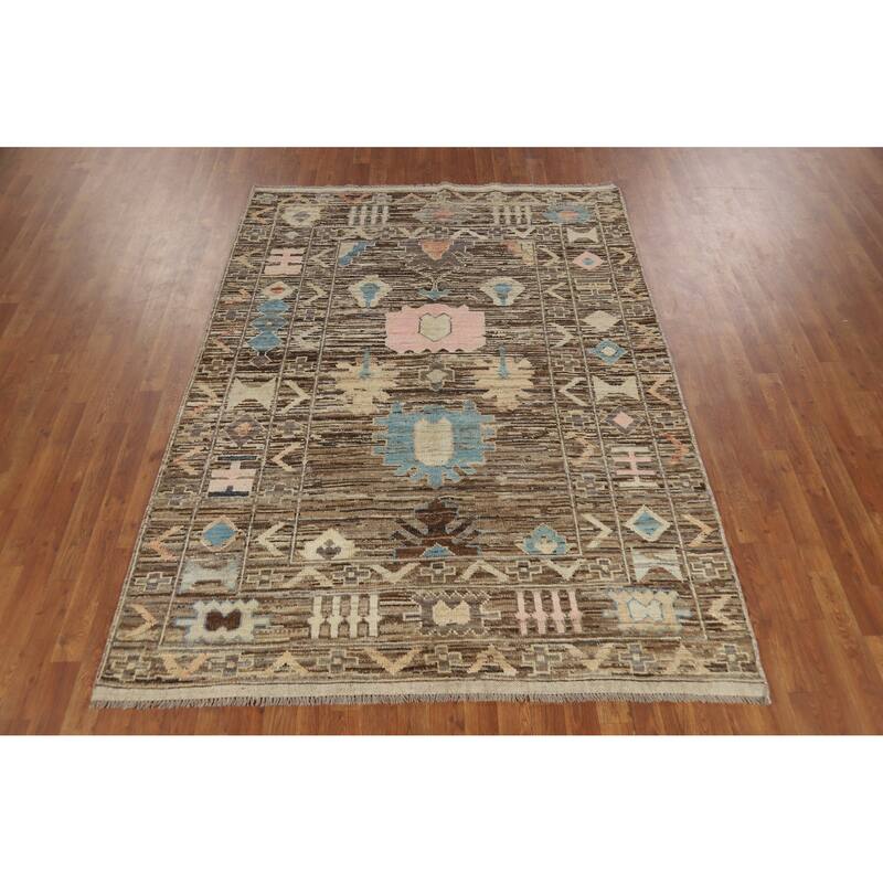 Vegetable Dye Oushak Turkish Rug Handmade Brown Floral Wool Carpet - 5'8" x 7'10"