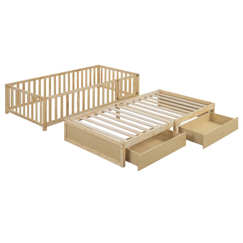 Pine Wood Daybed Floor Bed Frame with Fence Guardrails and 2 Drawers, Converts into Two Individual Beds, No Box Spring Needed