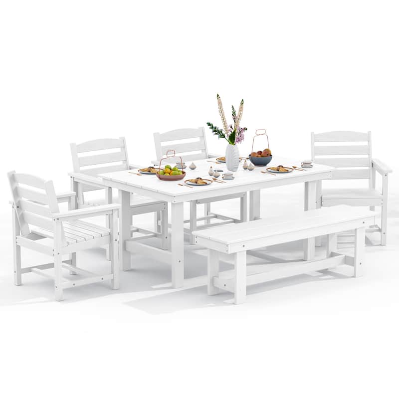 6-Piece HDPE Outdoor Dining Table Sets with Umbrella Hole - 1-Table 4-Chairs-1-Bench - White