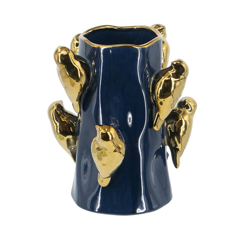 8.7x8.7x9.5" Blue Ceramic Tree Branch Vase with Gold Bird Accents