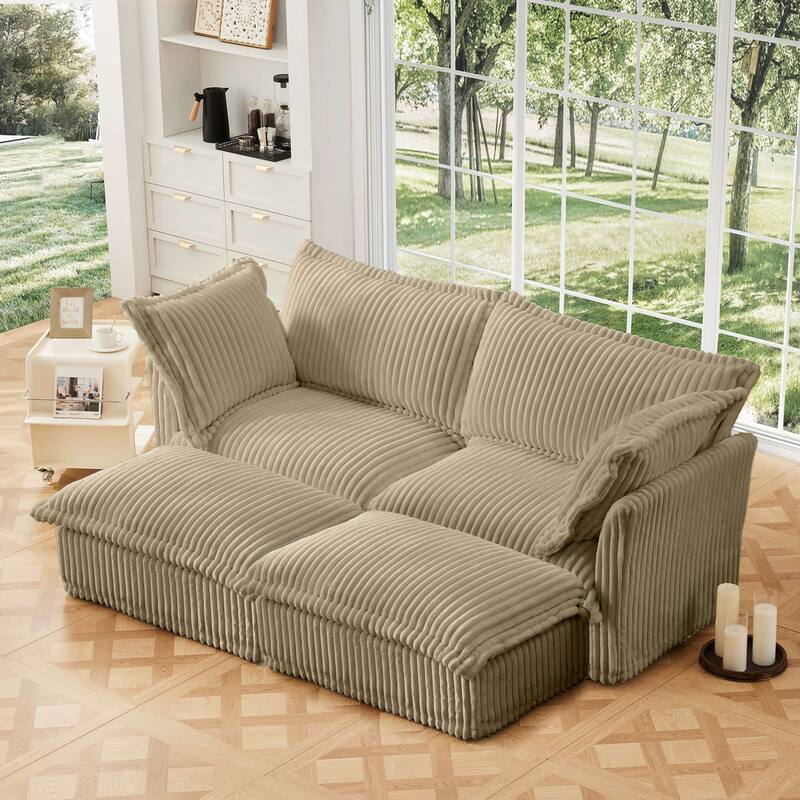 Modern 2 Seater Upholstered Sofa with 2 Ottomans and 2 Pillows