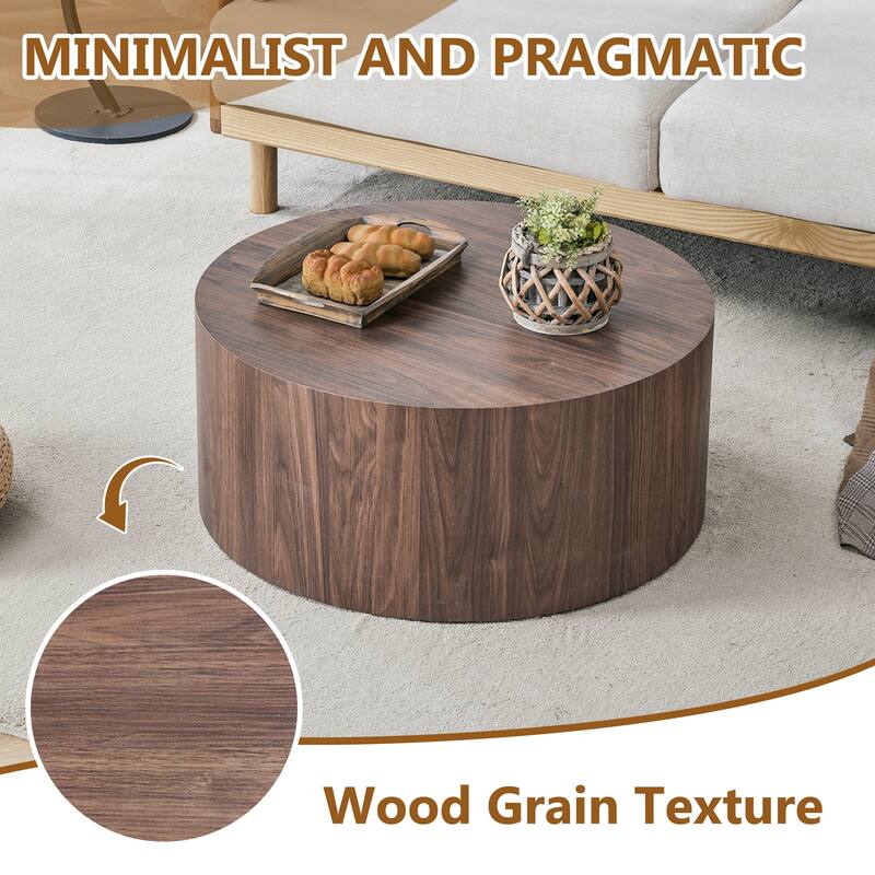Round Wood Coffee Table 27.5" Solid Drum Side Table for Living Room, Modern Cylinder Cocktail Table for Home Office