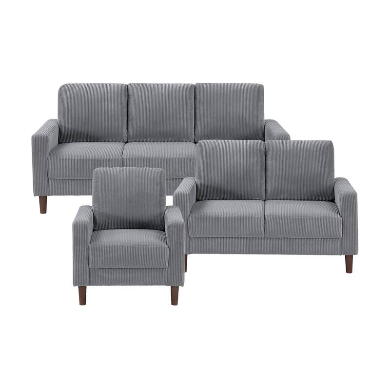 Caspian Corduroy 3-Piece Living Room Set - Wood Finish Exposed Feet - Gray