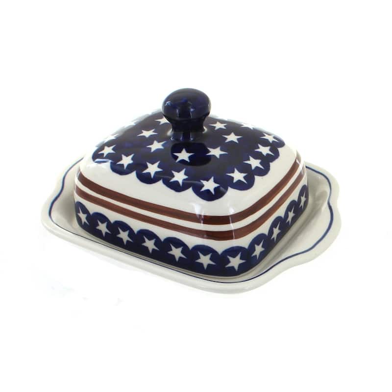 Blue Rose Polish Pottery 858 Zaklady Square Butter Dish - Stars & Stripes