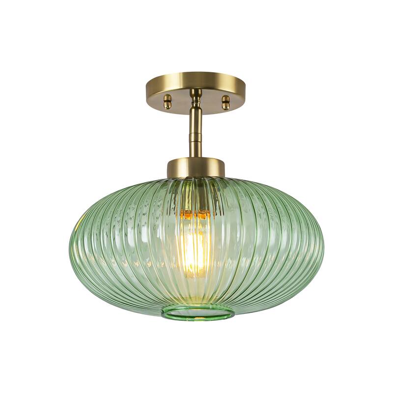 1-Light Vintage Brass Glass Semi Flush Mount Ceiling Light for Entryway