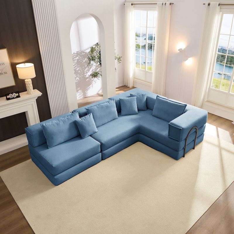 DIY Modular Corduroy L-Shaped Floor Sofa Set with 6 Pillows - Blue