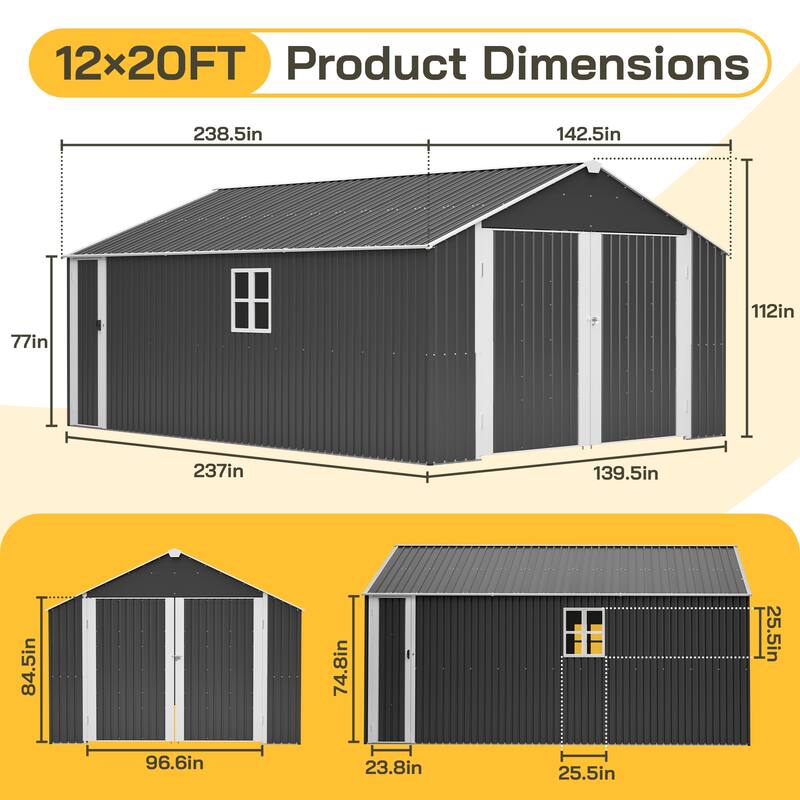 GDFStudio - Cassandra Large Outdoor Metal Storage Shed with Lockable Doors for Secure Vehicle and Equipment Storage