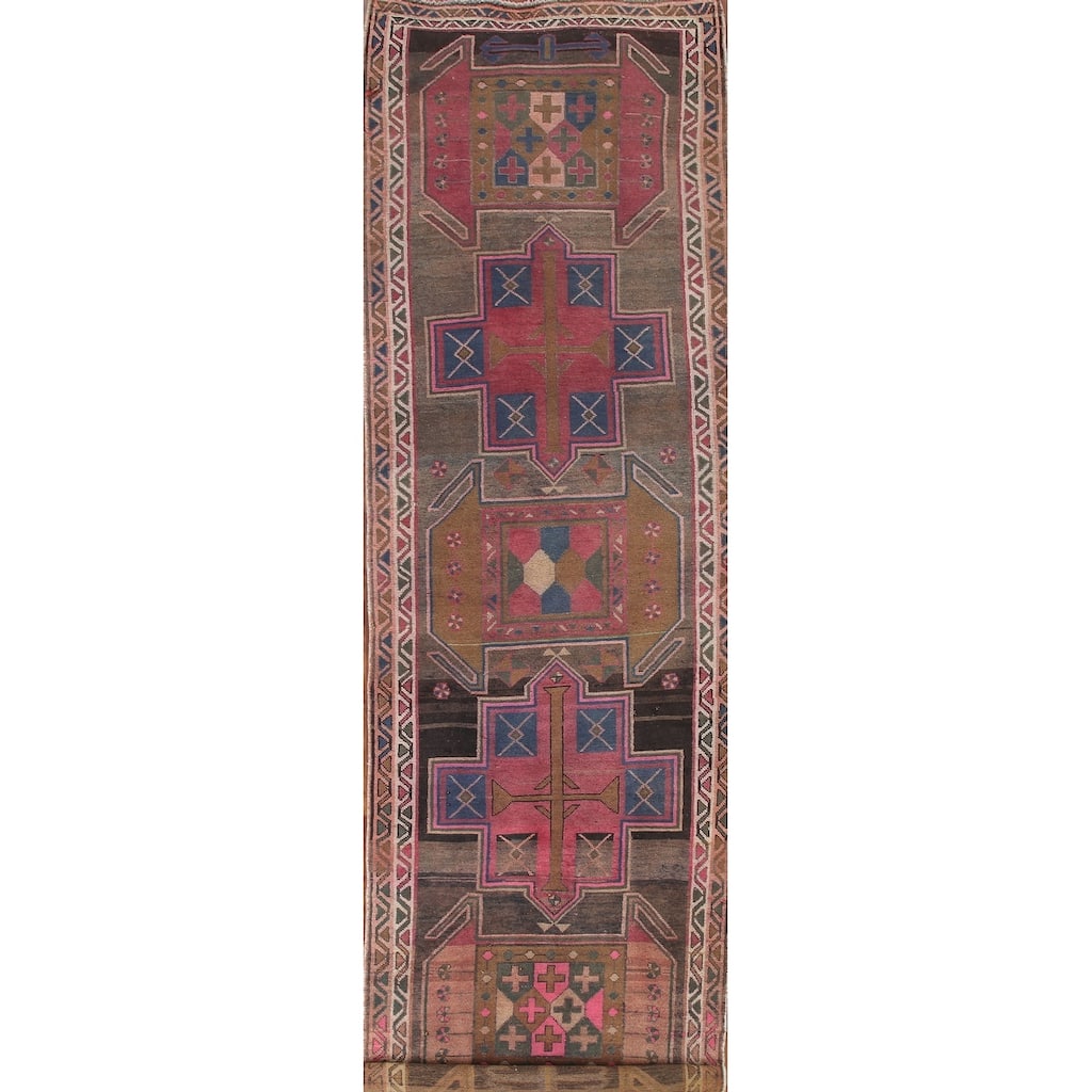 Ardebil Persian Vintage Runner Rug Handmade Wool Carpet - 3'7" x 13'4"