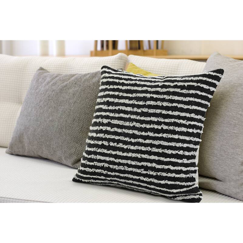Handwoven Striped Shag Square Throw Pillow - 20" - Black and White