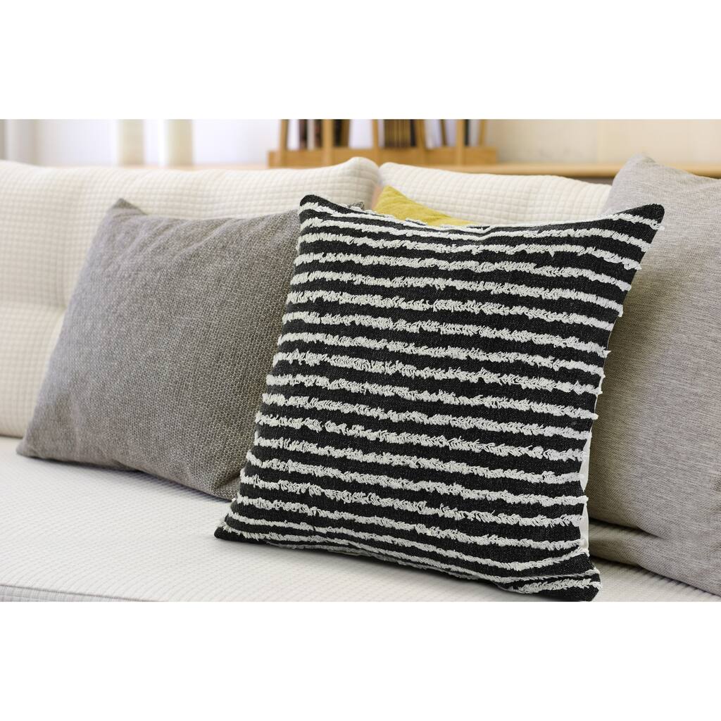 Handwoven Striped Shag Square Throw Pillow - 20" - Black and White