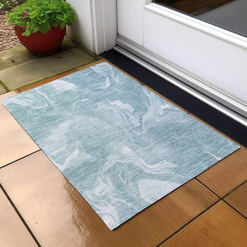 Machine Washable Indoor/ Outdoor Chantille Abstract Motion Rug - Teal - 1'8" x 2'6"
