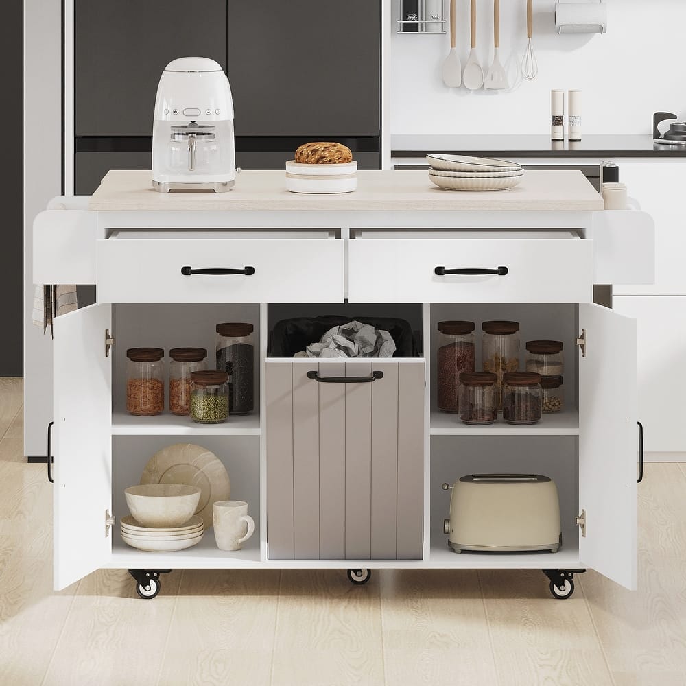Kitchen Island with Trash Can Storage Cabinet, Kitchen Cart with Drop Leaf, Spice Rack