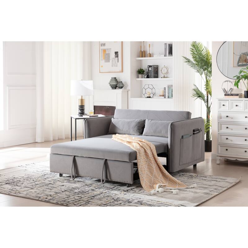 3 in 1 Convertible Sleeper Futon Sofa Bed, 55" Loveseat Lounge Couches with 2 Pillows, USB Ports & Side Pockets - Grey