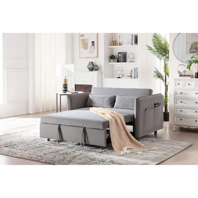 3 in 1 Convertible Sleeper Futon Sofa Bed, 55" Loveseat Lounge Couches with 2 Pillows, USB Ports & Side Pockets