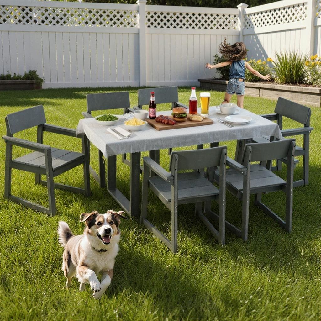 grey patio set with umbrella Napa Square | Weather-Resistant Shade free setup Nuu Garden Gray 7-Piece Textilene