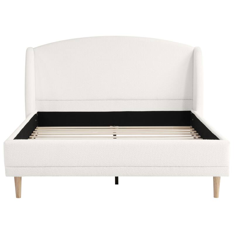 Boucle Upholstered Platform Bed with Rounded Corner Wingback Headboard
