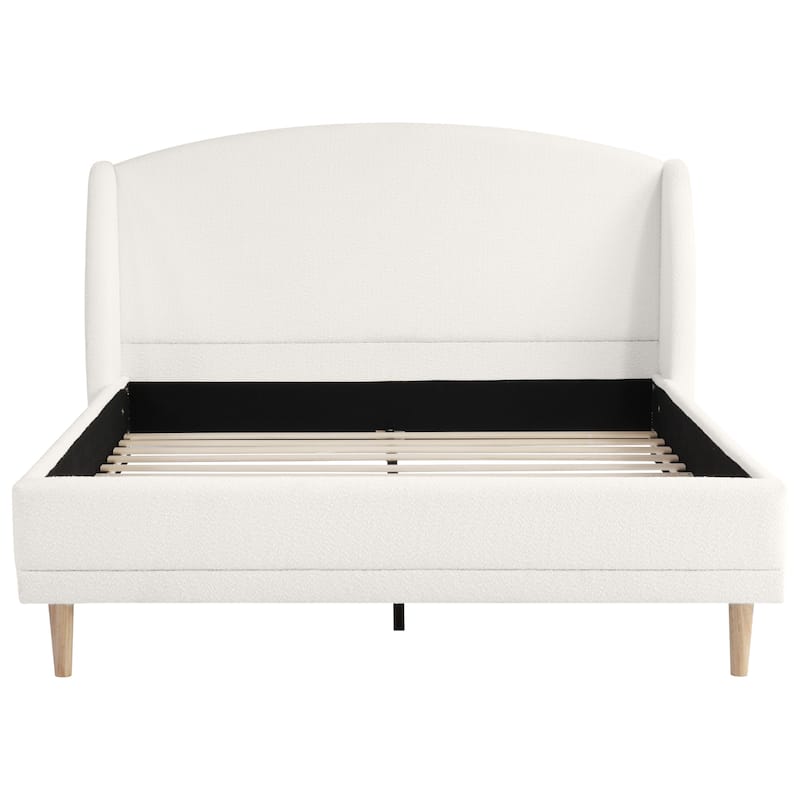 White Platform Bed, Boucle Fabric Upholstered Frame Rounded Corners Headboard Wingback Bed with Wood Slat and Center Metal Legs